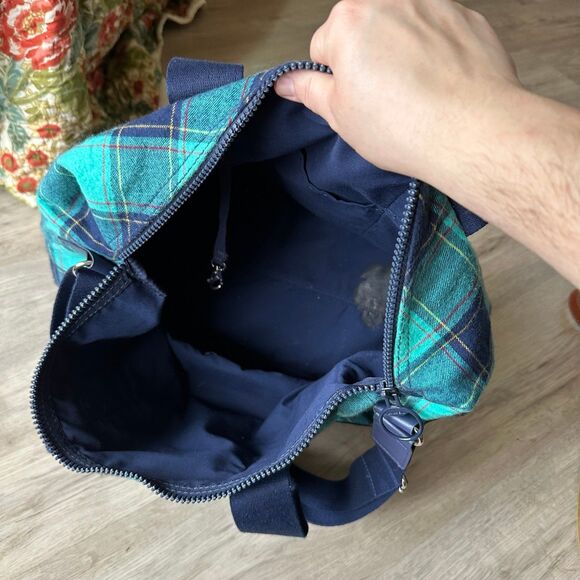 Lands End Weekender Flannel Duffle Bag Blue Green Plaid - Picture 5 of 10